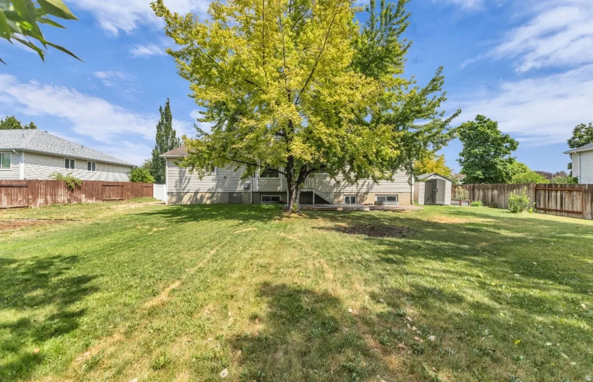 Expansive grassy yard with mature trees, a storage shed, and perimeter fencing