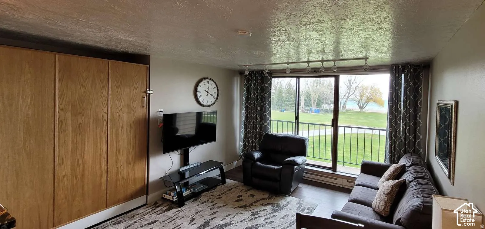 Bright living space showcasing large picture windows with natural light, wood-finish cabinetry, black entertainment media console, patterned area rug, upholstered seating, and manicured lawn visible beyond the glass doors