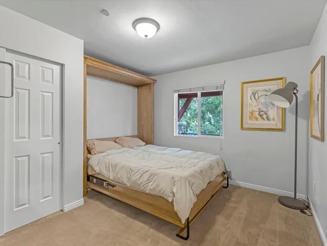 Recessed lighting, wood-toned Murphy bed, window with exterior foliage, white paneled door, and carpeted flooring