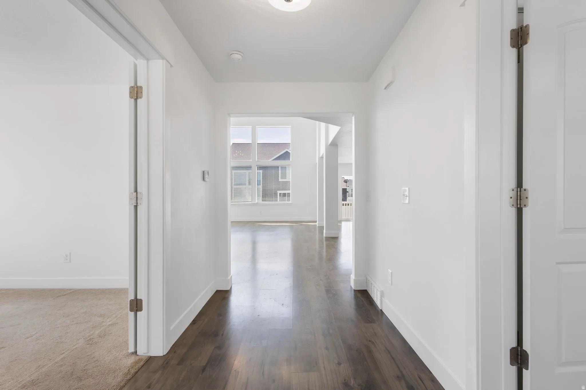 Bright hallway with dark wood-finish flooring, white walls, and abundant natural light from multiple windows