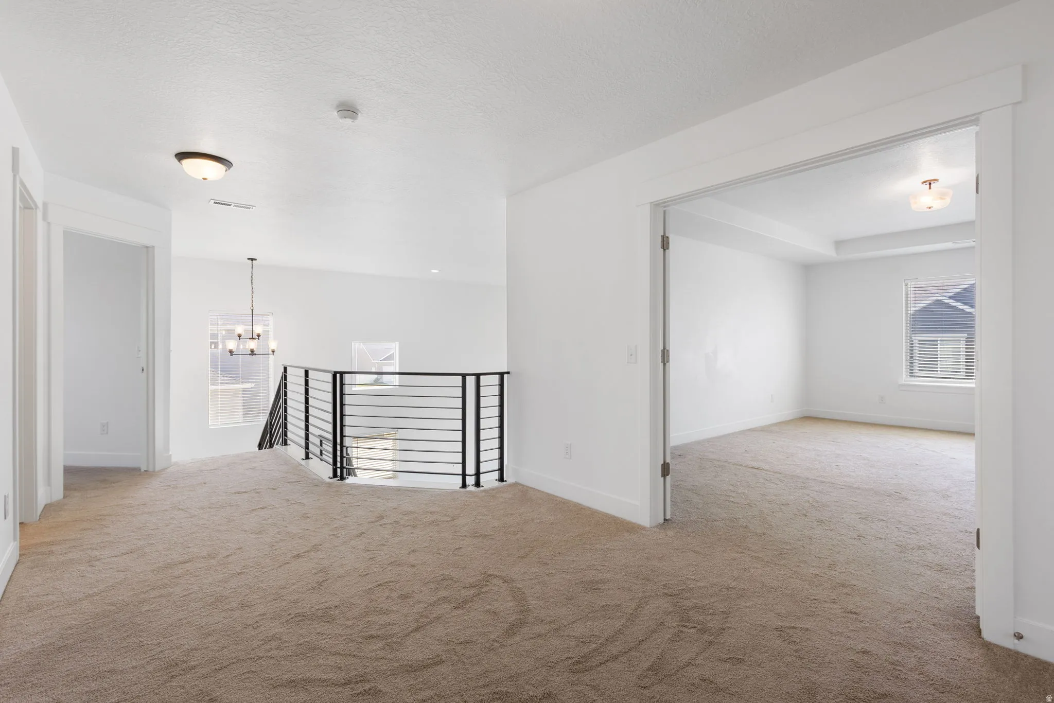 Spacious upper-level landing featuring wide-plank wood-finish flooring, abundant natural light from multiple windows, modern metal stair railing, and generous open layout with access to adjoining rooms