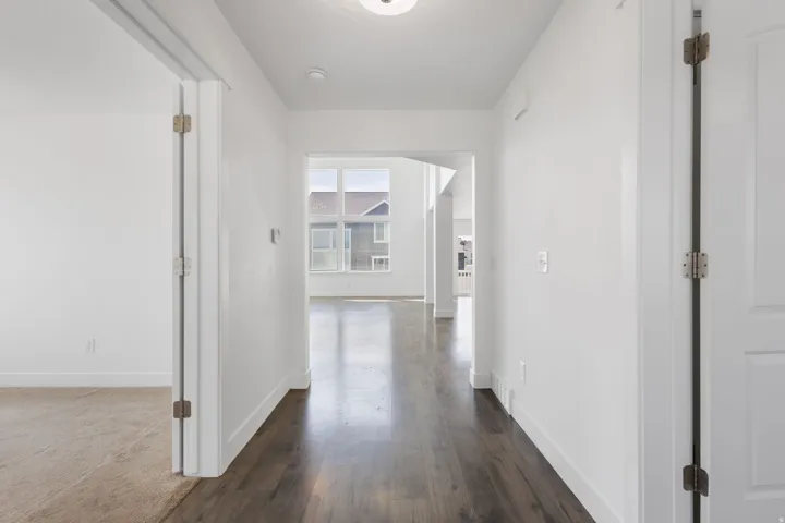 Bright hallway with dark wood-finish flooring, white walls, and abundant natural light from multiple windows