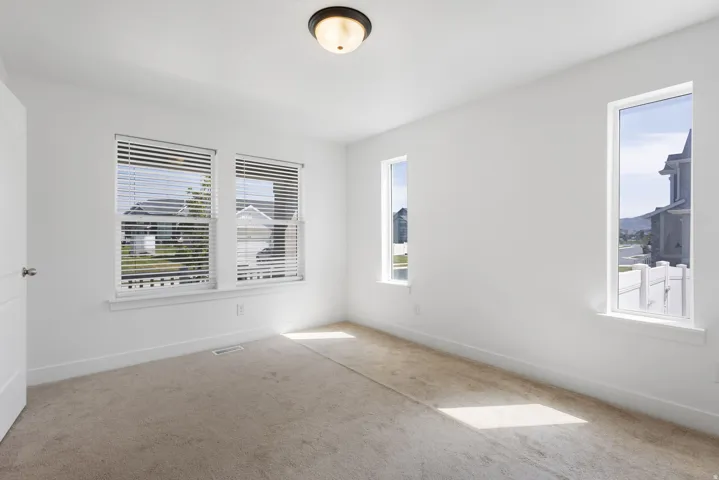 Neutral-toned carpeting, white walls, multiple windows with white trim, and a flush-mount ceiling light fixture