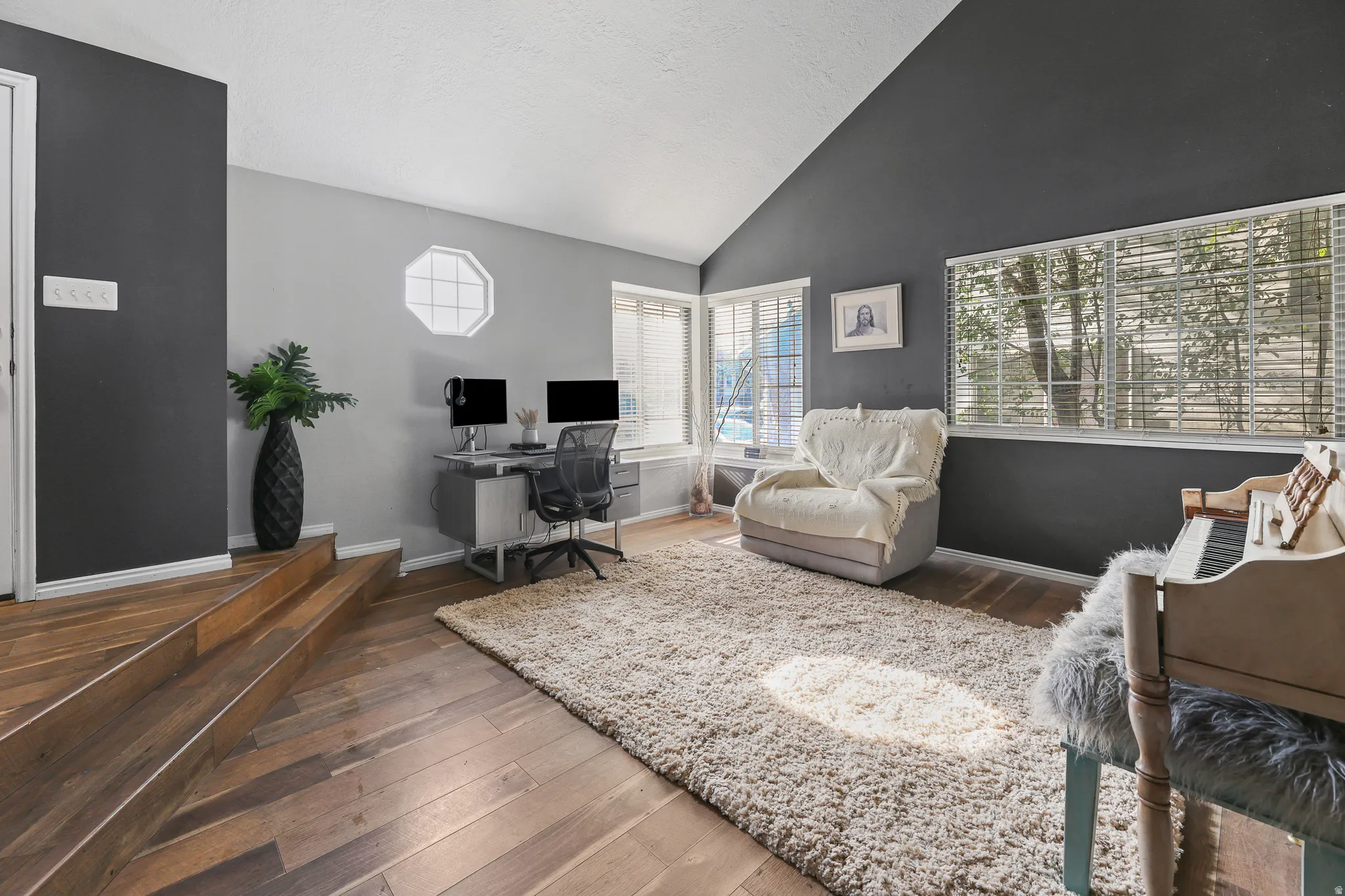 Vaulted ceiling, wood-finish flooring, multiple windows, and a built-in octagon window