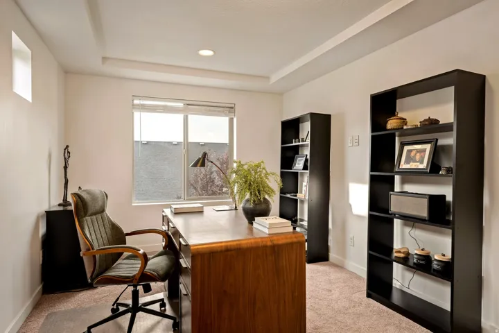 Recessed lighting, broad window, built-in shelving, tray ceiling, and carpeted flooring