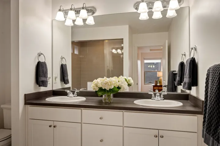 Double vanity with white cabinetry, built-in sinks, chrome faucets, and dark countertops