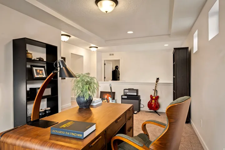 Recessed lighting, ceiling soffit, and built-in shelving
