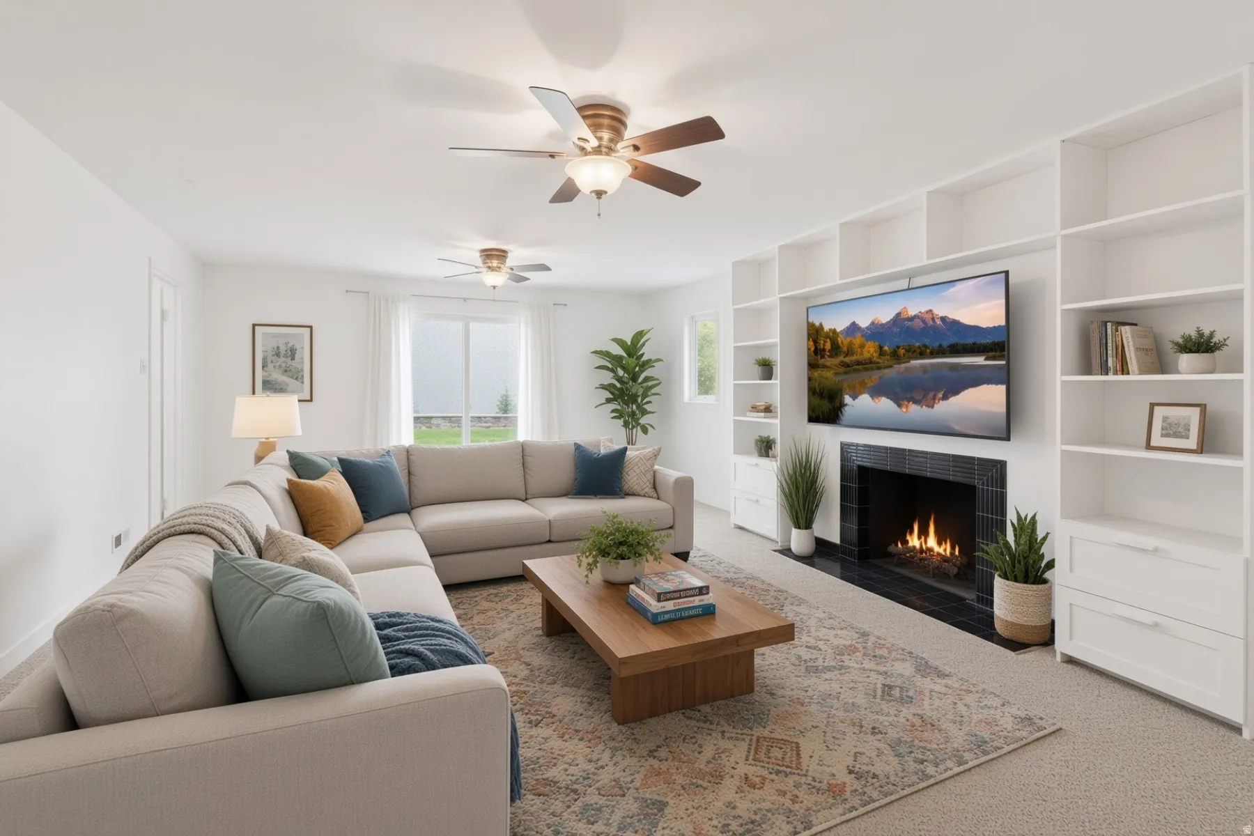 Built-in shelving and cabinetry framing a fireplace with dark tile surround