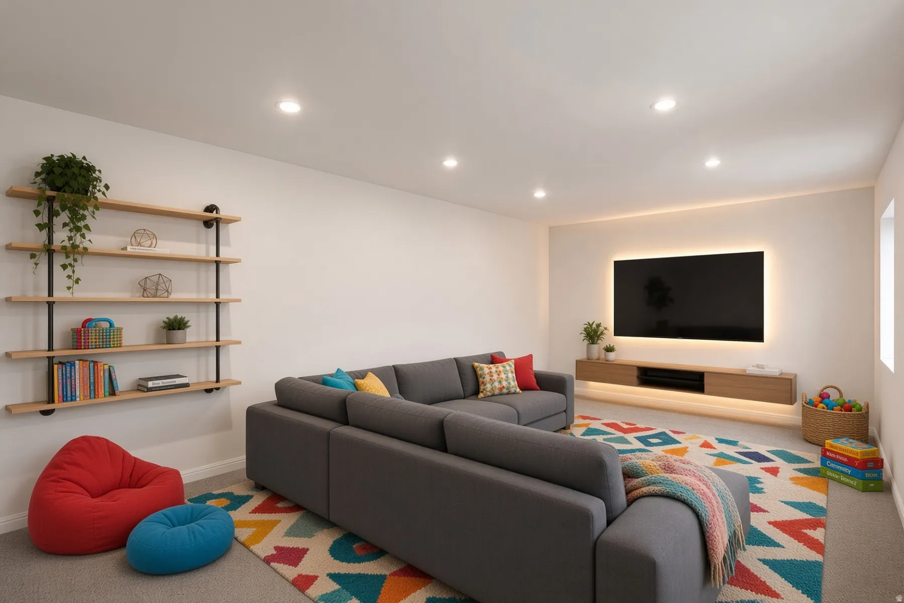 Recessed ceiling lighting, wood-finish wall shelving with dark-finish supports, built-in floating media console, back-lit wall feature, and light-tone wall paint