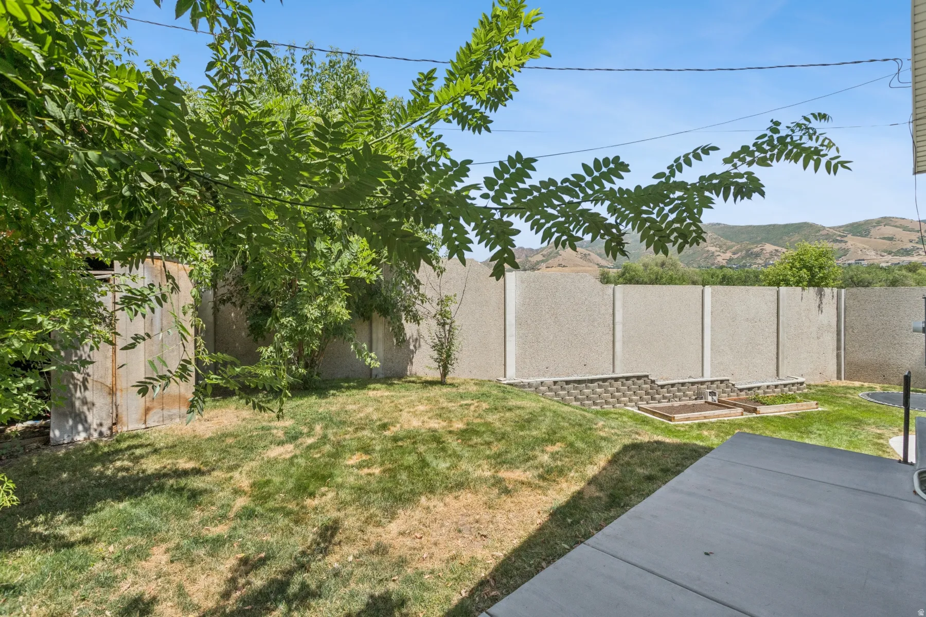 Expansive backyard with a concrete patio, mature trees, and a retaining wall