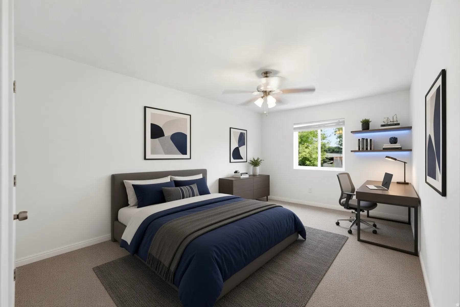 Recessed window with exterior views, ceiling fan, and built-in wall shelving with integrated lighting