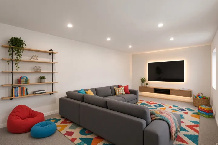 Recessed ceiling lighting, wood-finish wall shelving with dark-finish supports, built-in floating media console, back-lit wall feature, and light-tone wall paint