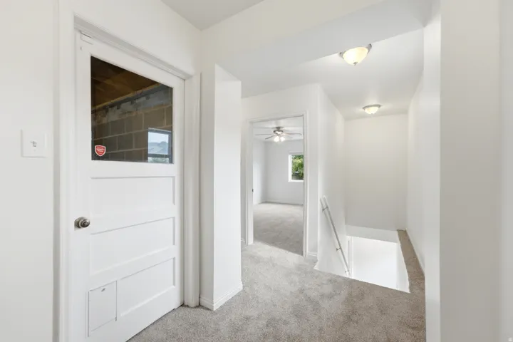 Hallway with recessed lighting, light-toned carpeting, and a white paneled door with a glass insert