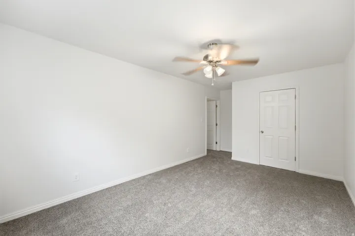 Neutral wall paint, ceiling fan with light fixture, paneled interior doors, and carpet flooring
