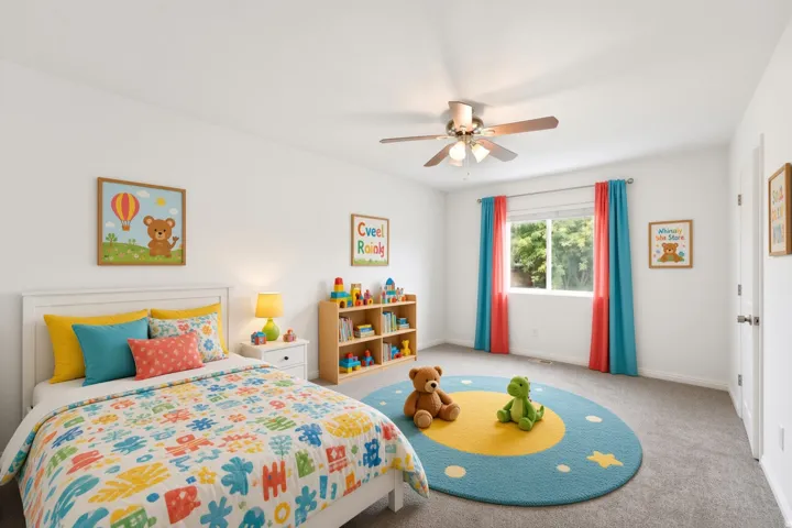 Neutral wall finishes, recessed window, ceiling fan with integrated lighting, wood-finish shelving unit, and gray carpet