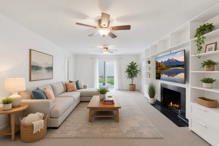 Spacious living area featuring built-in shelving, an integrated fireplace with dark tile surround, and dual ceiling fans