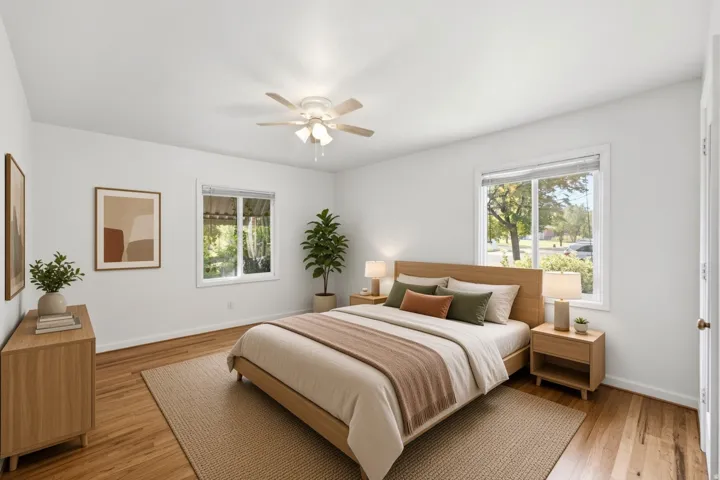 Hardwood flooring, white painted walls, ceiling fan, and two windows providing natural light
