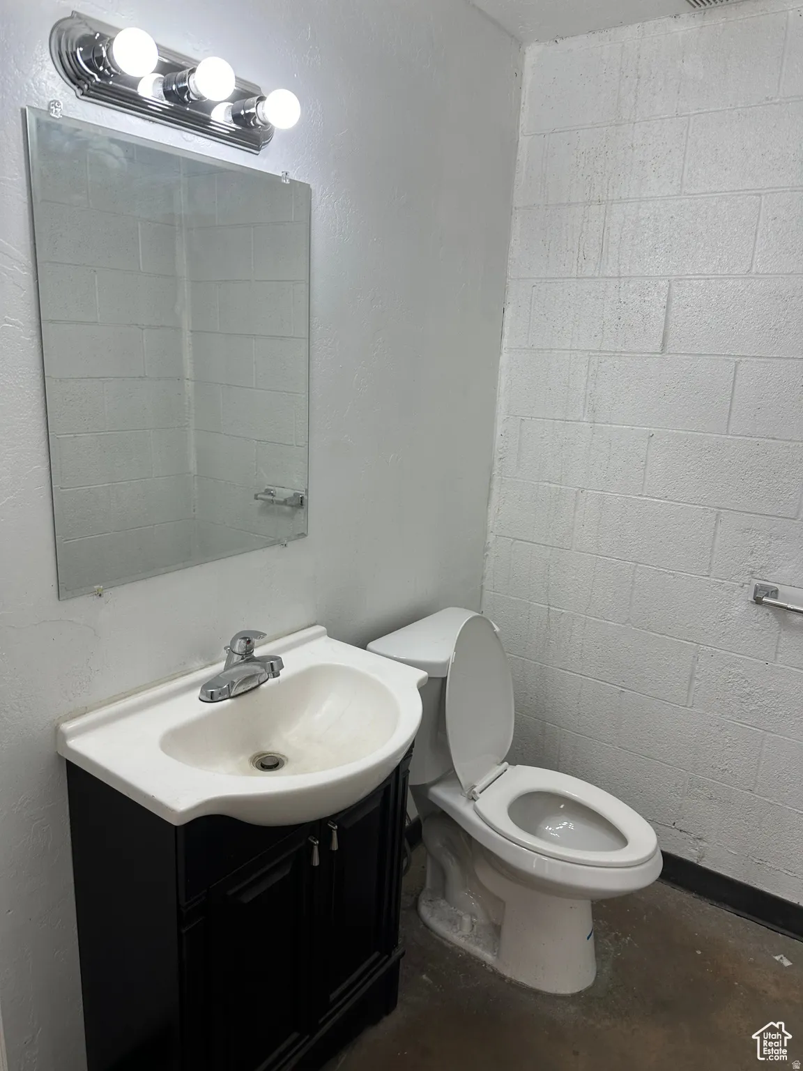 Vanity with a white basin and dark-finish cabinetry, a wall-mounted mirror, and a chrome-finish light fixture
