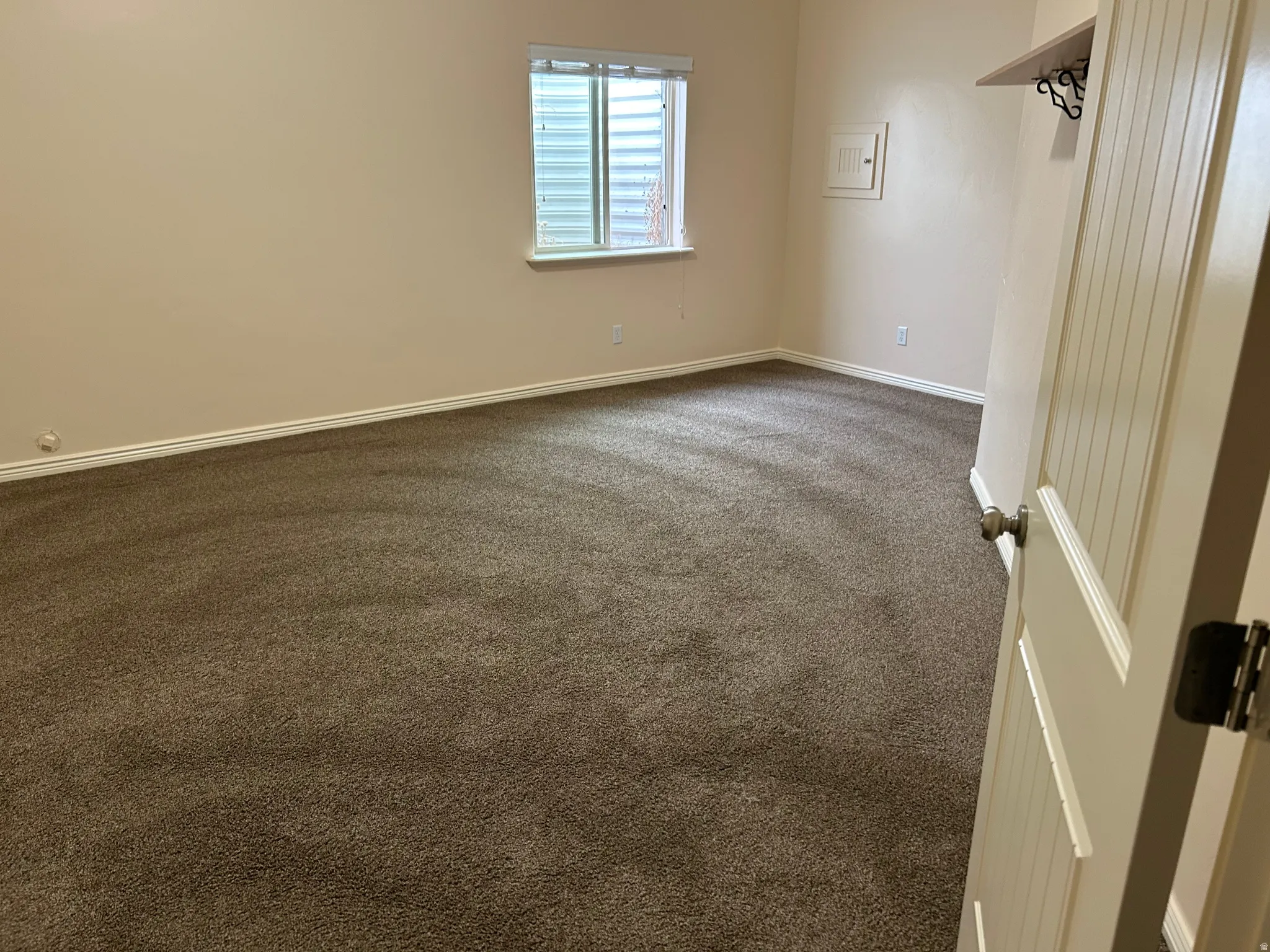Plush carpet flooring, a window with horizontal blinds, and a built-in shelving unit with decorative hooks