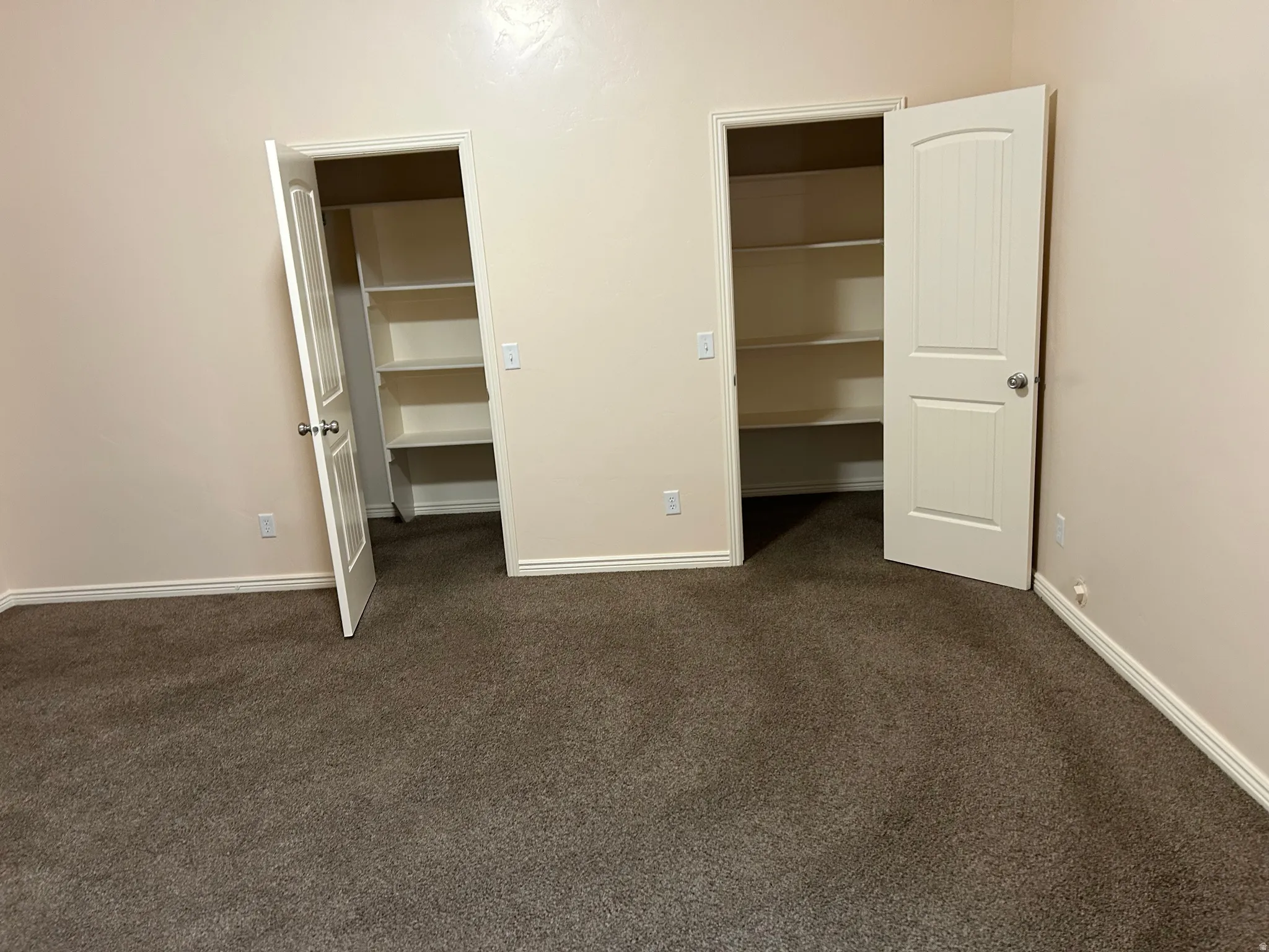 Two built-in closets with shelving, two paneled doors, and plush carpet flooring
