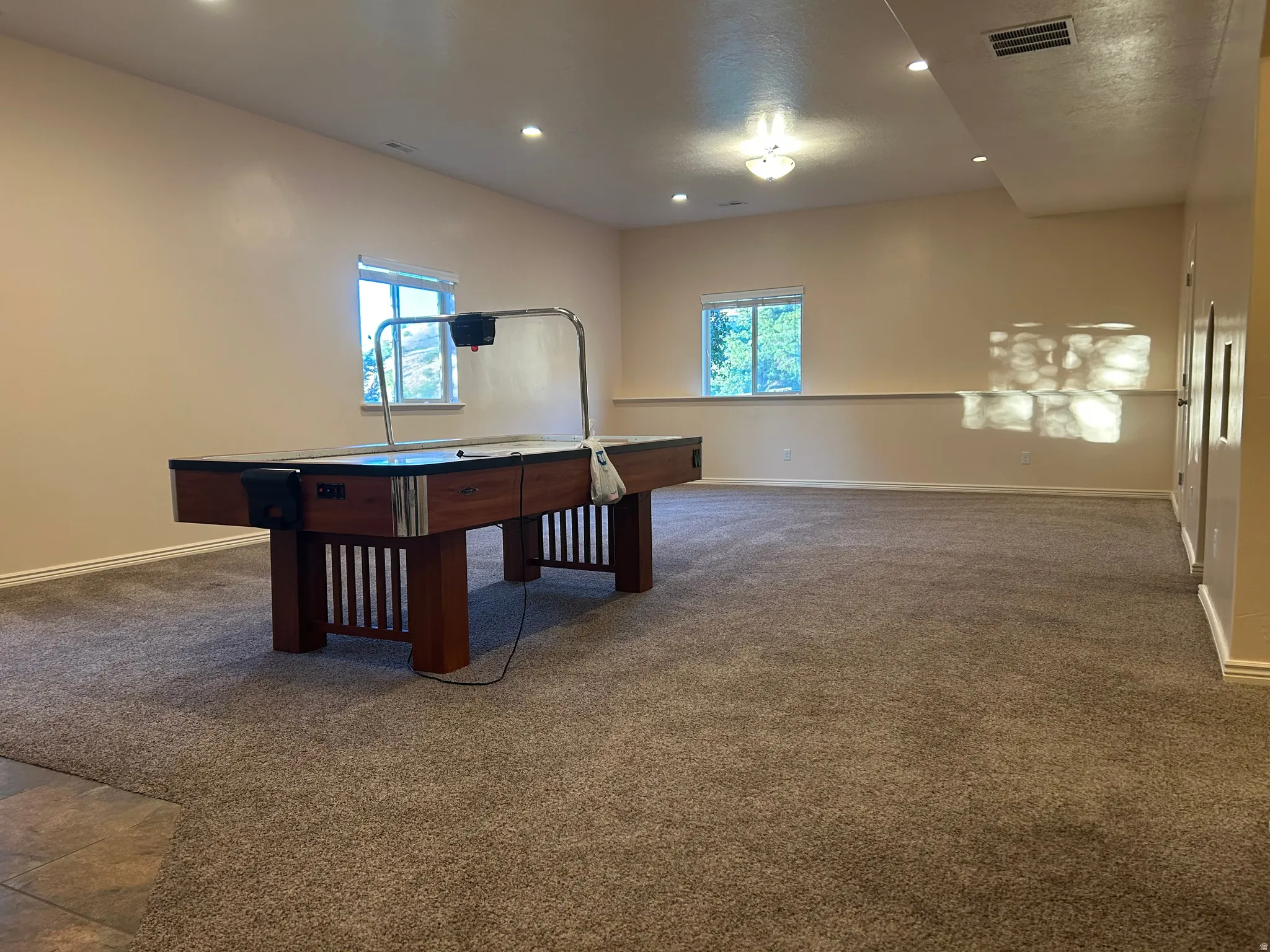 Spacious recreation room with carpet flooring, recessed ceiling lighting, and abundant natural light from multiple windows