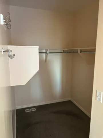 Walk-in closet featuring carpeted flooring, built-in shelving, and hanging rods