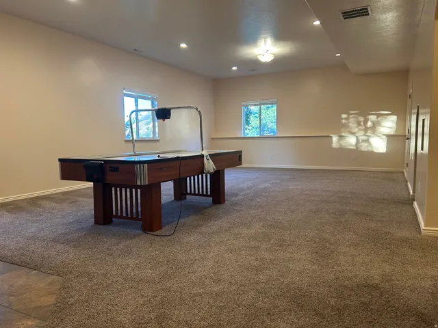 Spacious recreation room with carpet flooring, recessed ceiling lighting, and abundant natural light from multiple windows