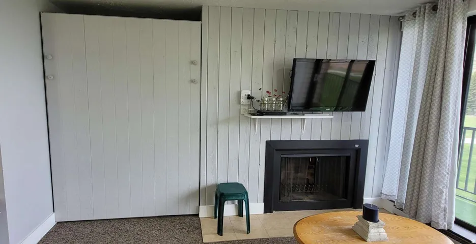 Wall-mounted fireplace with a black surround, light-toned wood paneling, and a floor-to-ceiling glass door