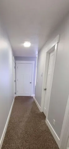 Carpeted hallway featuring light gray walls, white trim, and white paneled doors