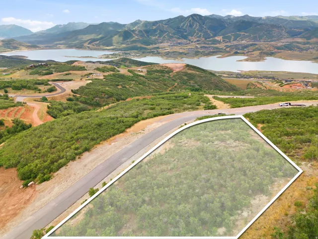 Expansive undeveloped lot with surrounding paved roads, featuring dense natural foliage and distant mountain and lake scenery