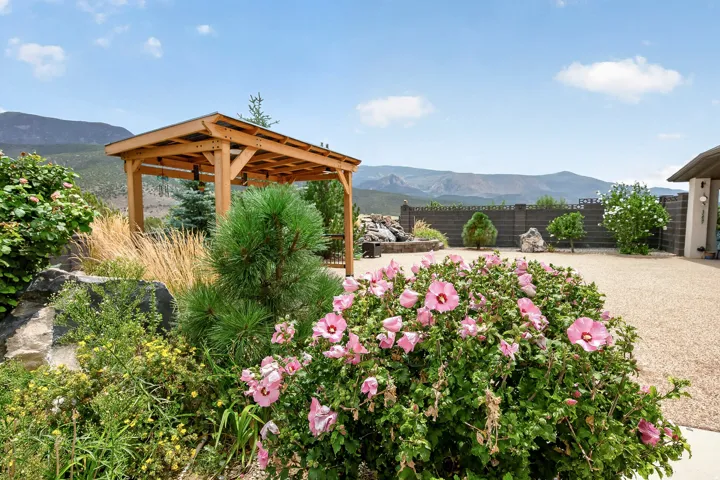 Mature landscape featuring vibrant pink flowering shrubs, ornamental grasses, and lush greenery surrounding a wooden pergola structure