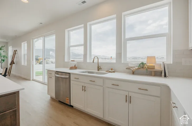 White cabinetry with gold-tone hardware, stainless steel dishwasher, undermount sink with gold-tone faucet, white countertops, and wood-finish flooring
