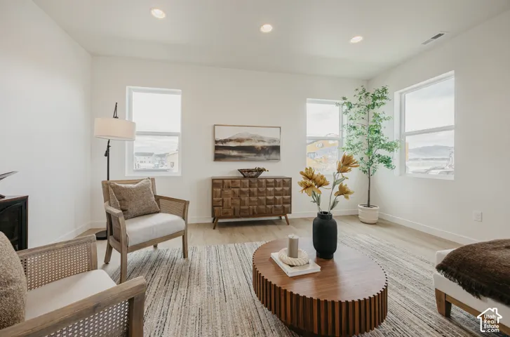 Recessed lighting, light wood-finish flooring, multiple windows, and a built-in electric fireplace