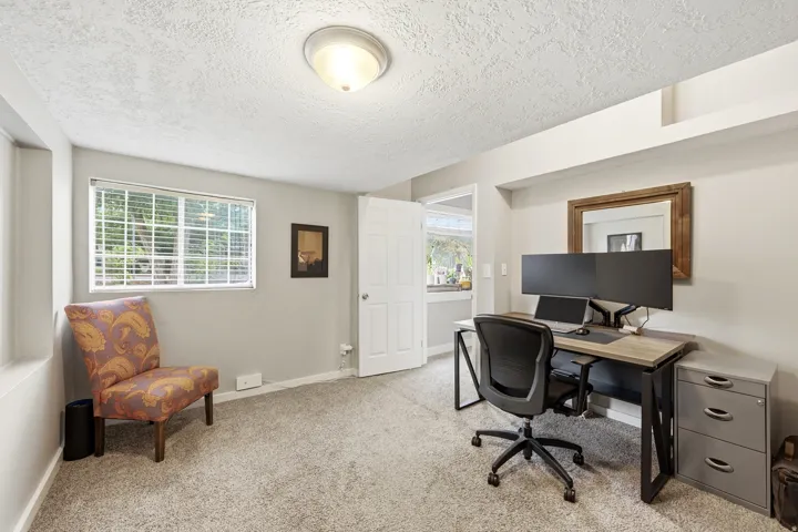 Neutral paint, textured ceiling, window with blinds, carpeted flooring, and a flush-mount ceiling light