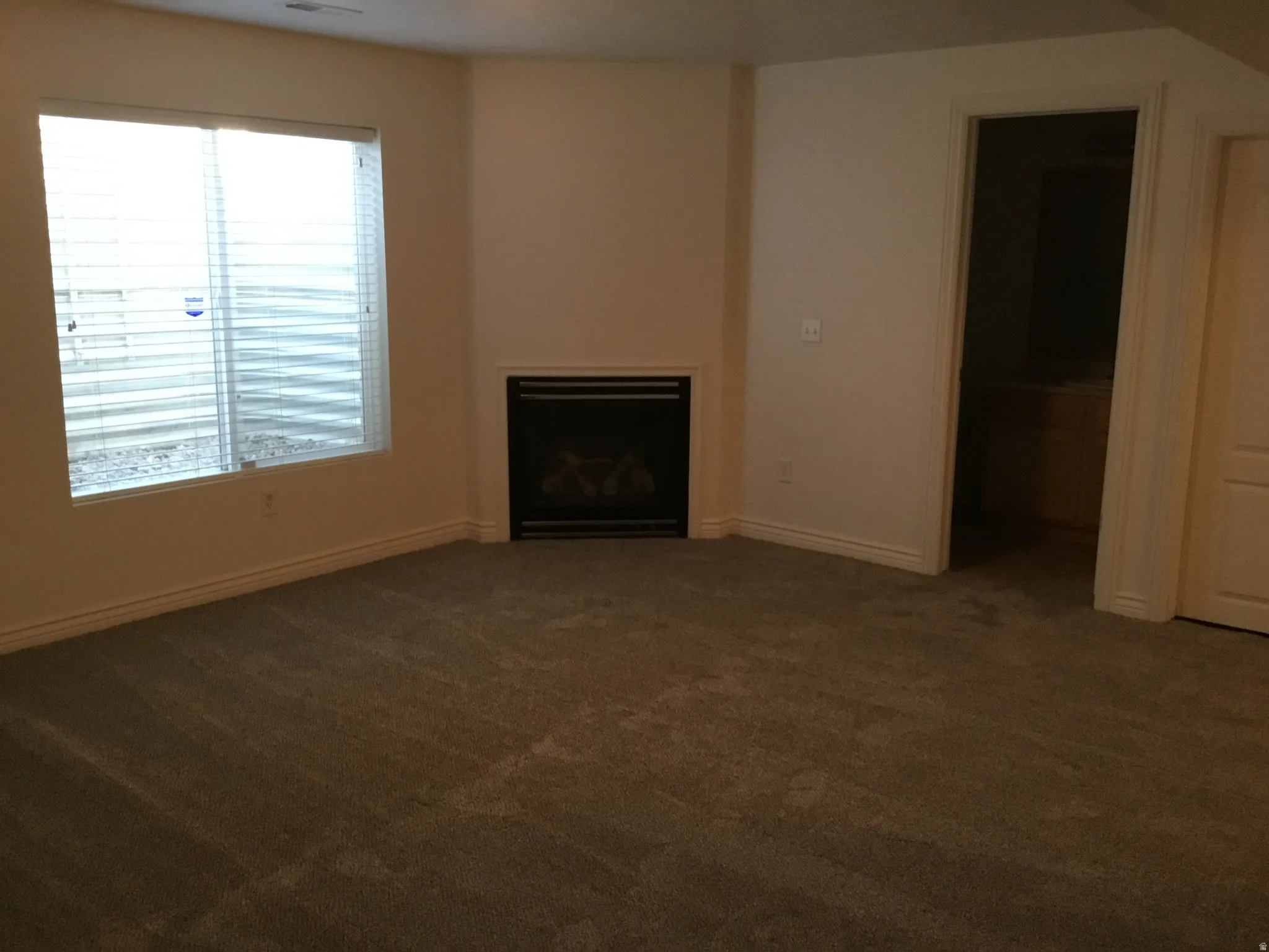 Wall-to-wall carpeting with a corner fireplace, a window with horizontal blinds, and a doorway with visible cabinetry