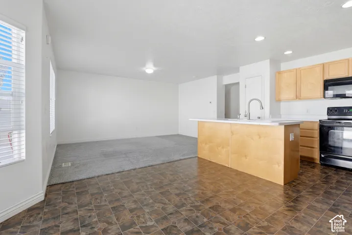 Open-concept living space featuring a kitchen island with sink, black kitchen appliances, light wood-finish cabinetry, and mixed flooring with carpet and patterned tile
