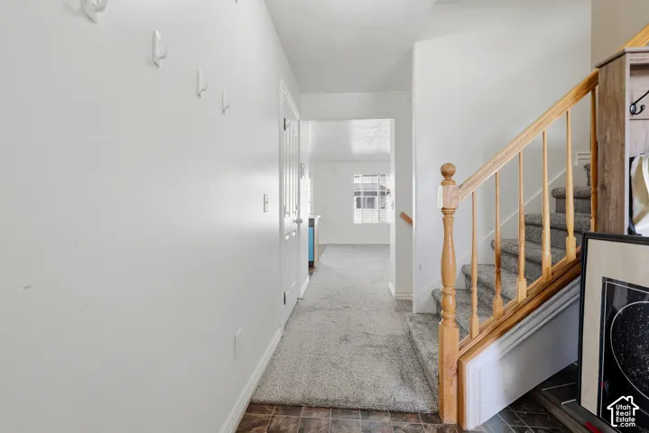 Hallway with built-in wall hooks, wood-finish staircase railing, and carpeted stairs