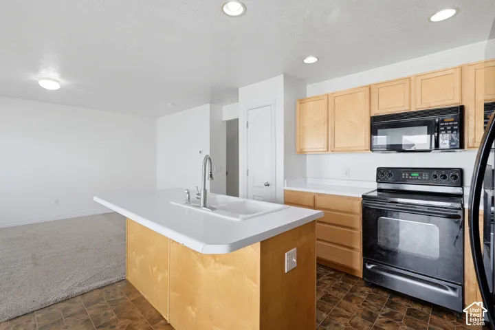 Kitchen island with integrated sink, stainless steel faucet, and light wood-finish cabinetry