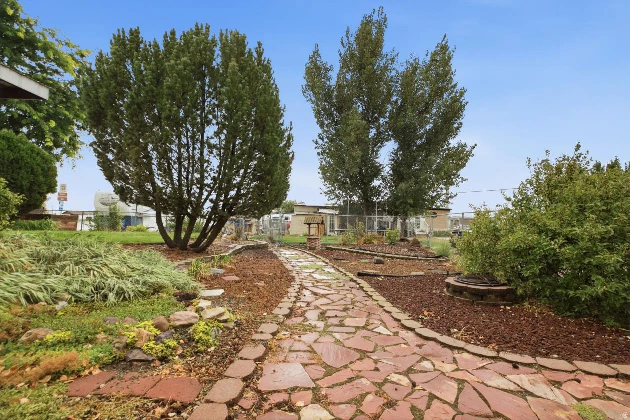 Stone-paver pathway with bordering landscape beds featuring mature trees, shrubs, and ground cover