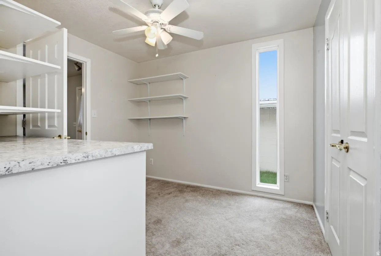 Built-in cabinetry with a light-toned countertop, ceiling fan, carpet flooring, a tall vertical window, and an interior door with brass hardware