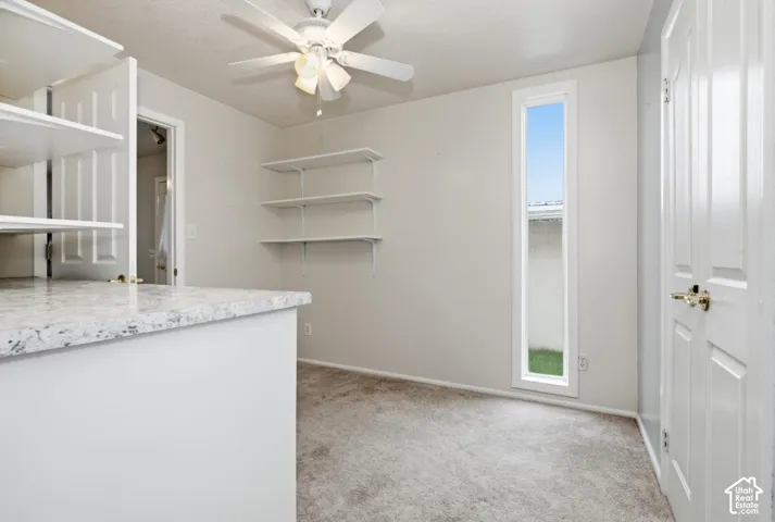 Built-in cabinetry with a light-toned countertop, ceiling fan, carpet flooring, a tall vertical window, and an interior door with brass hardware