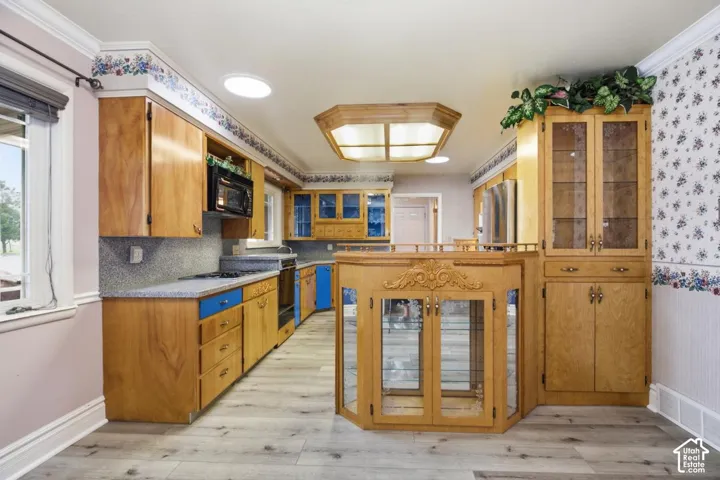 Kitchen featuring wood cabinetry, light wood-finish flooring, a built-in microwave, and integrated display cabinetry