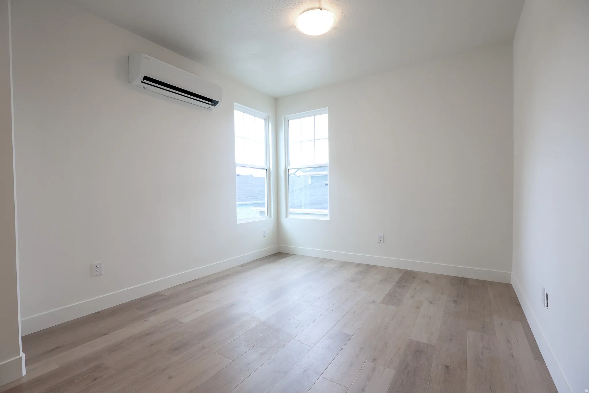 ADU-Light wood-finish flooring, white walls, and a flush mount ceiling light