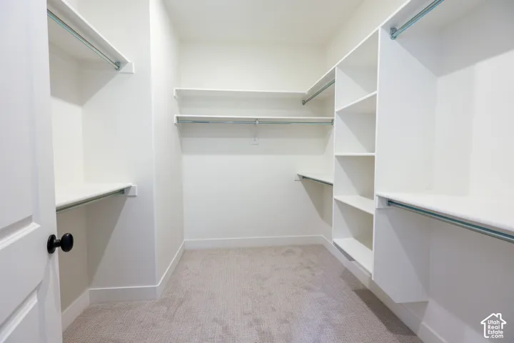 Walk-in closet with carpet flooring, white built-in shelving, and multiple hanging rods