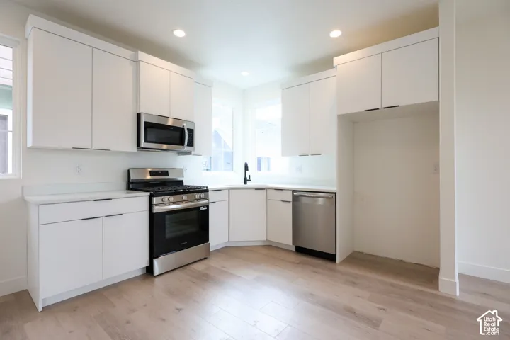 ADU-Modern kitchen featuring white cabinetry, light-toned wood-finish flooring, stainless steel appliances, and recessed lighting