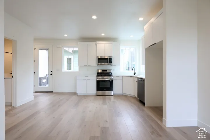 ADU-Kitchen with integrated stainless steel appliances, white cabinetry, recessed lighting, and wood-finish flooring