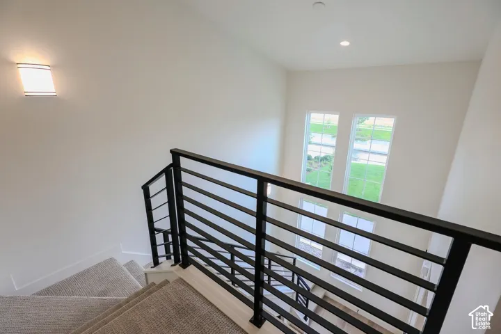 Staircase featuring horizontal bar railing, carpeted treads, and overhead lighting