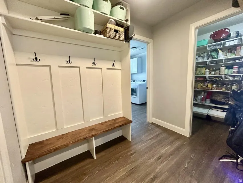 Built-in hall tree with bench seating and upper shelving
