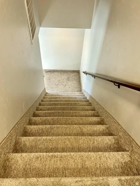 Carpeted staircase with a wood-finish handrail and light-toned wall finishes