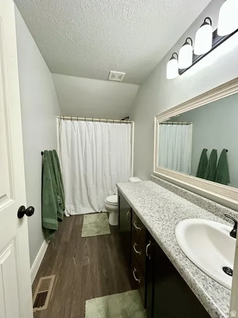 Full bathroom featuring wood-finish flooring, a white shower curtain, and a vanity with a white sink and dark cabinetry